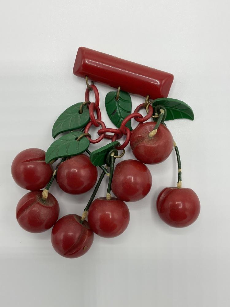 Vintage Red Carved Cherries Bakelite Brooch (1 of 4)