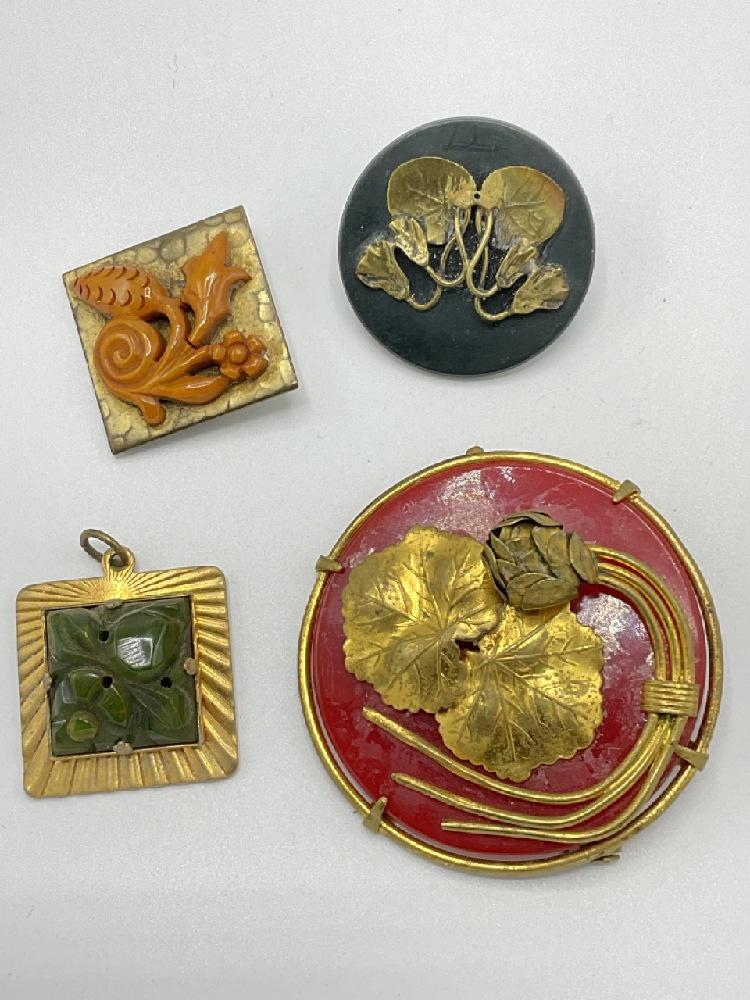 Four (4) Metal w/ Mounted Bakelite Pins And Pendant (1 of 3)