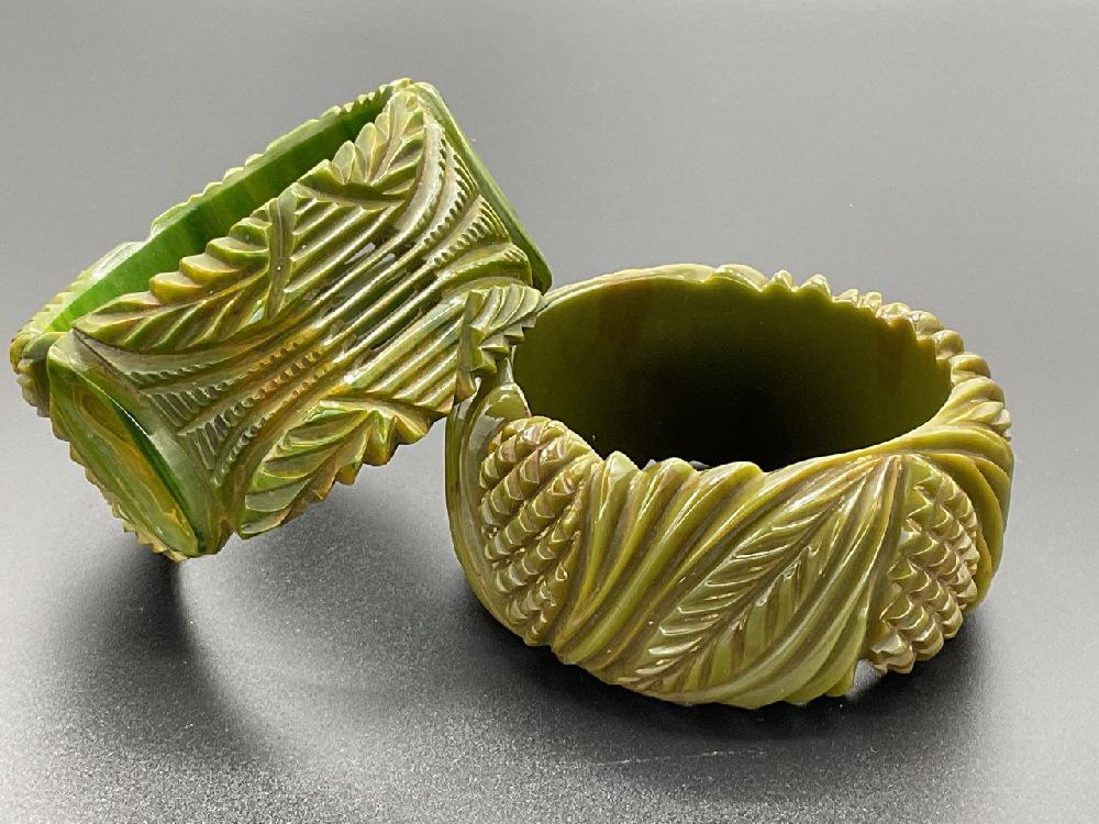 Two (2) Heavily Carved Olive Green Bakelite Bangle Bracelets (1 of 6)