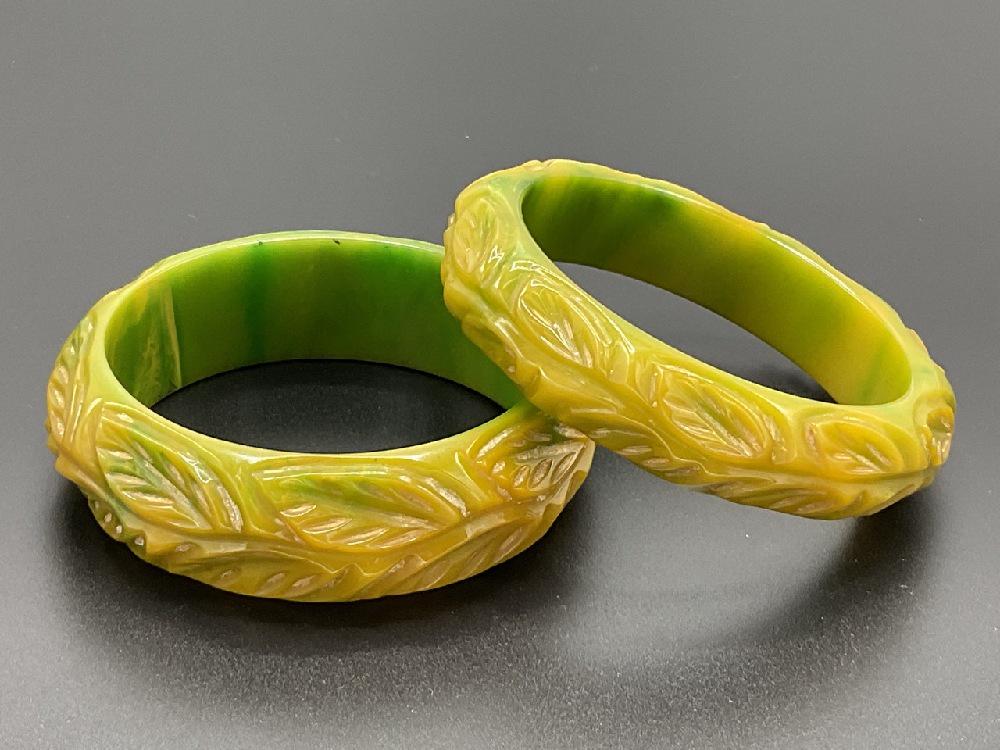 Two (2) Carved Green Spinach Bakelite Bangle Bracelets (1 of 4)
