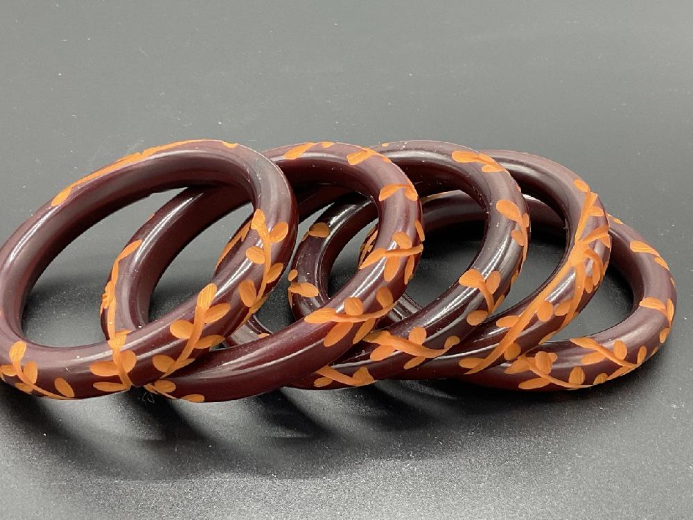 Five (5) Two Tone Rose Carved Bakelite Bangkes (1 of 4)