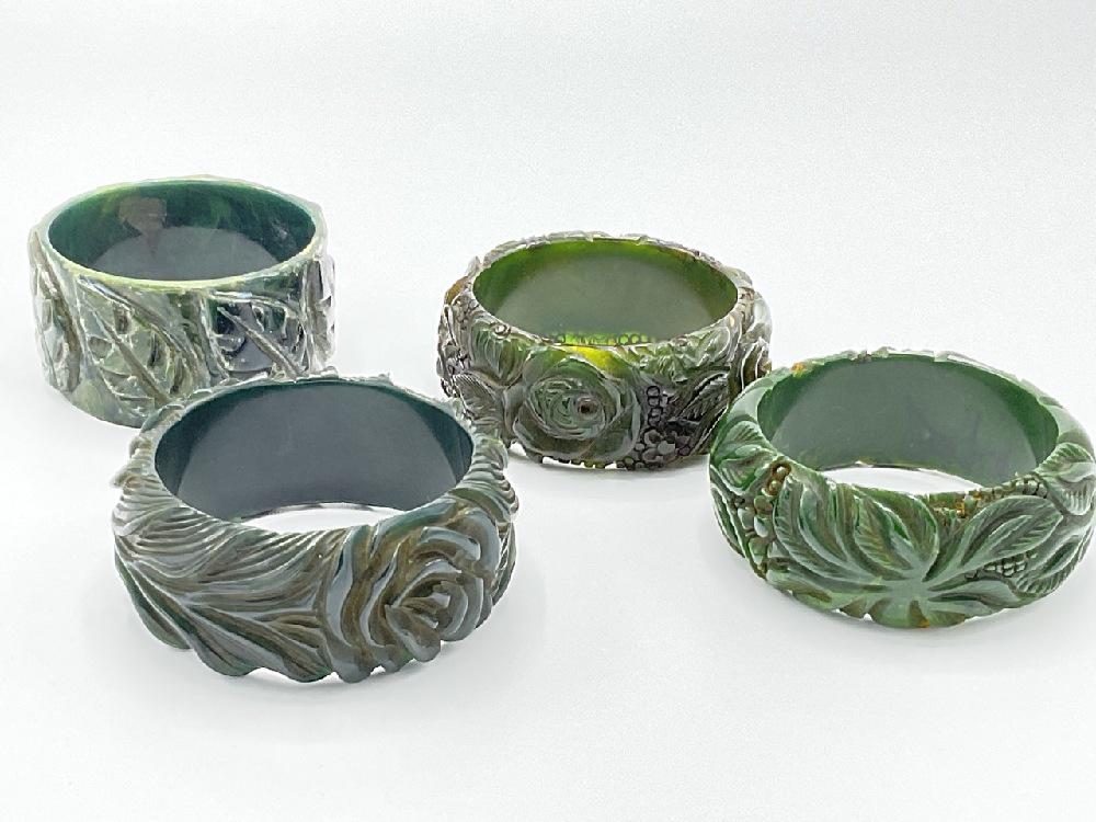 Four (4) Heavily Carved Green Bakelite Bangle Bracelets (1 of 5)