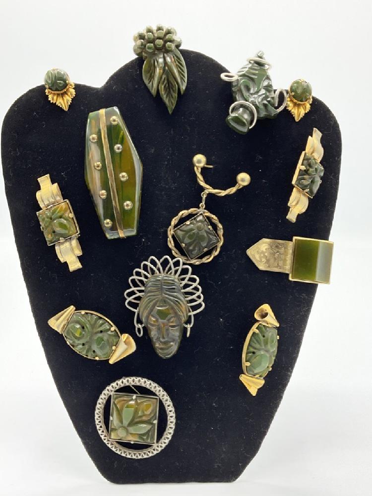 Assorted Metal And Green Bakelite Pins,Clips And Earrings (1 of 11)