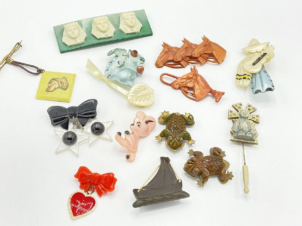 Thirteen (13) Assorted Figural Bakelite Pins (1 of 5)