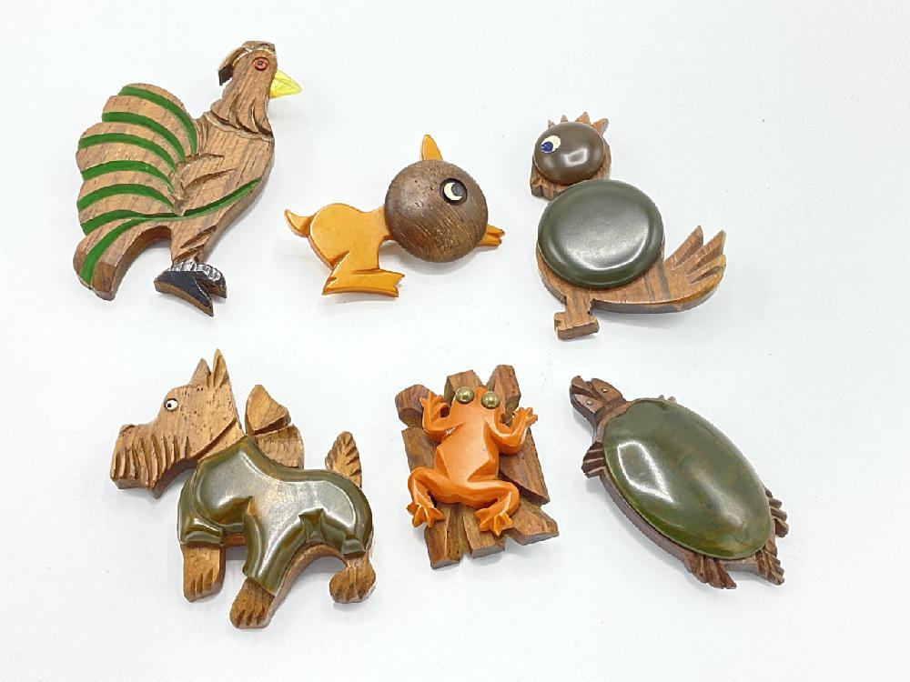 Six (6) Carved Wood And  Bakelite Pins (1 of 3)