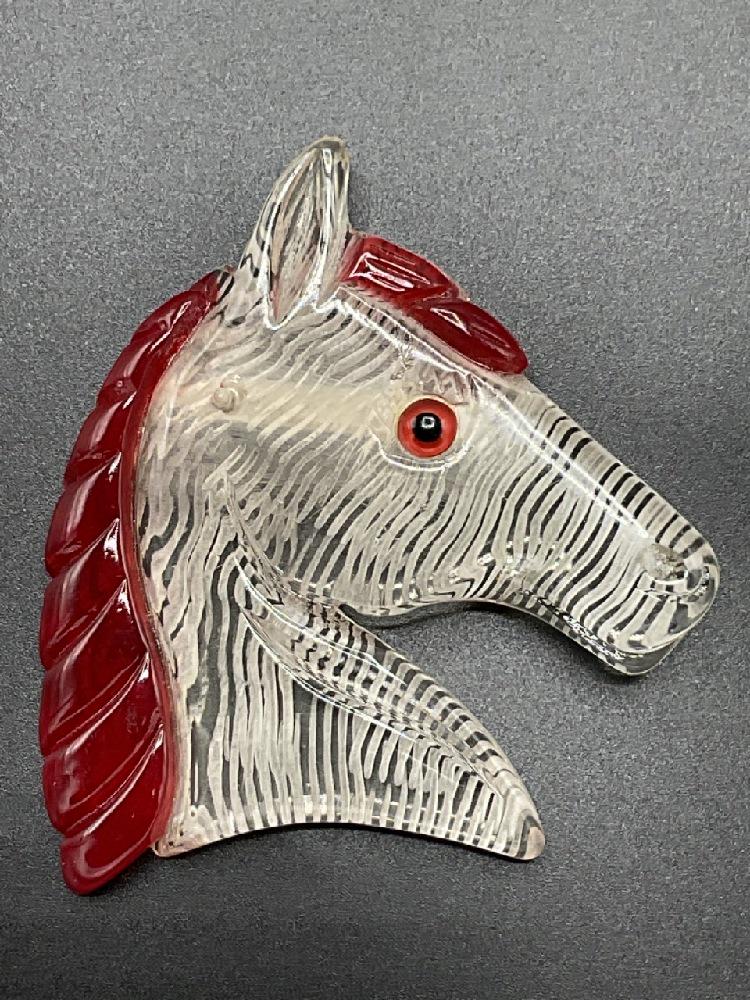A Pair, Lucite Reverse Carved Horse Pins (1 of 3)