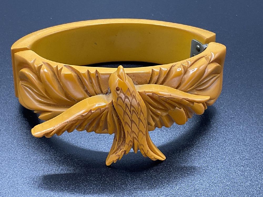 Butterscotch Bakelite Carved Bird Clamper Bracelet (1 of 5)