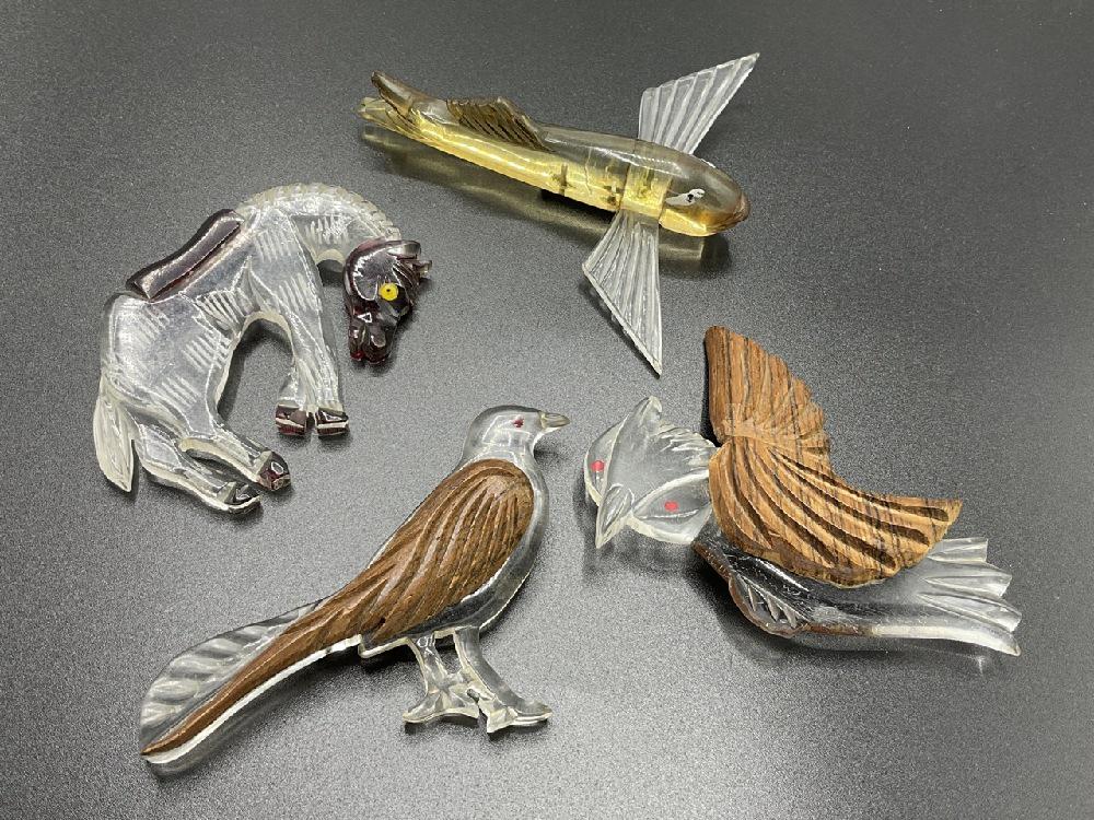 Four (4) Reverse Carved Lucite and Lucite and Wood Pins (1 of 3)