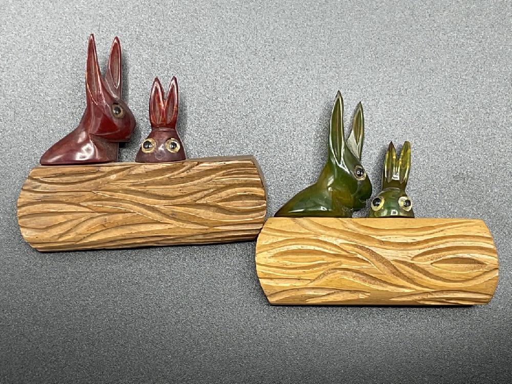Two (2) Bakelite Bunnies On A Wood Log (1 of 4)