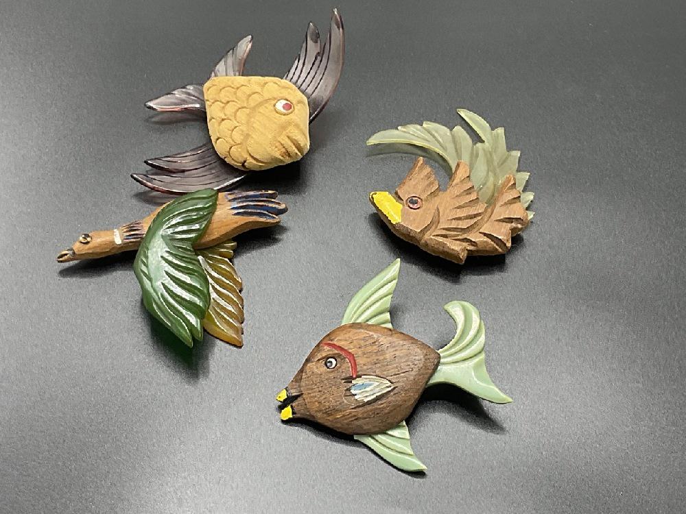 Four (4) Figural Wood and Bakelite Pins (1 of 4)