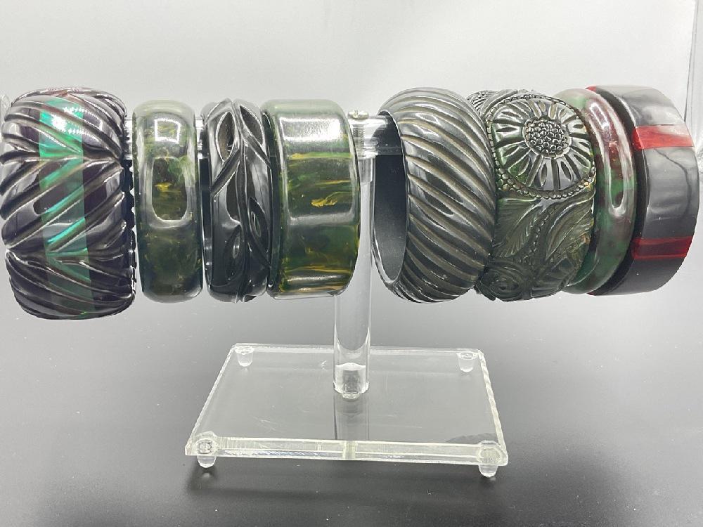 Eight (8) Carved, Laminate Green Bakelite Bangles (1 of 8)