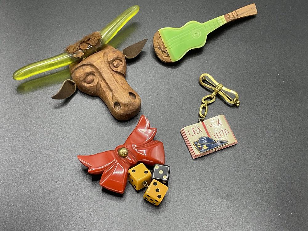 Four (4) Assorted Bakelite Pins,  Guitar, Dice.. (1 of 5)