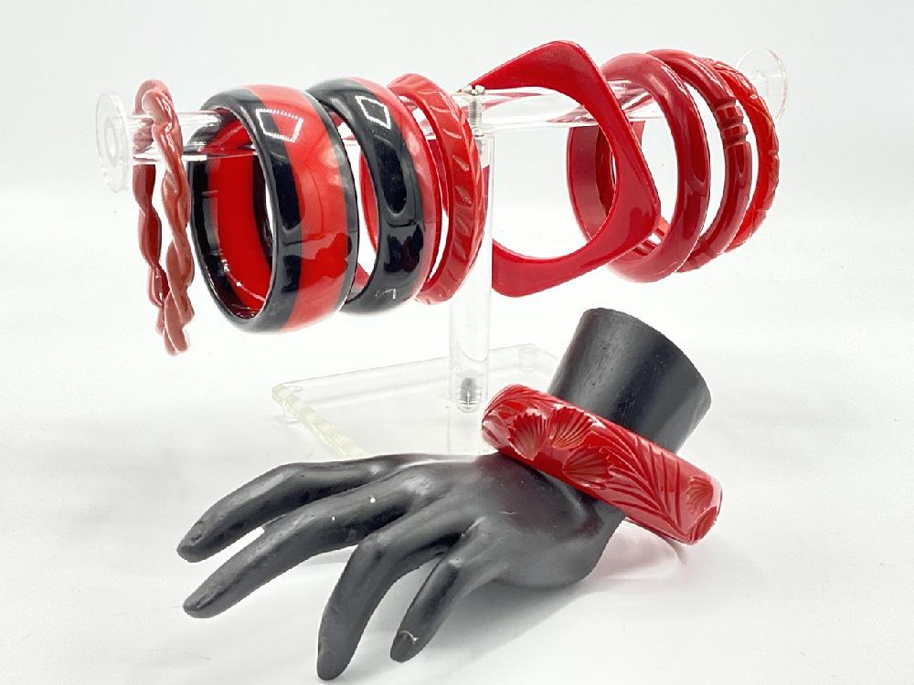 Nine (9) Assorted Red and Black Laminate and Carved Red Bangle Bracelets (1 of 4)