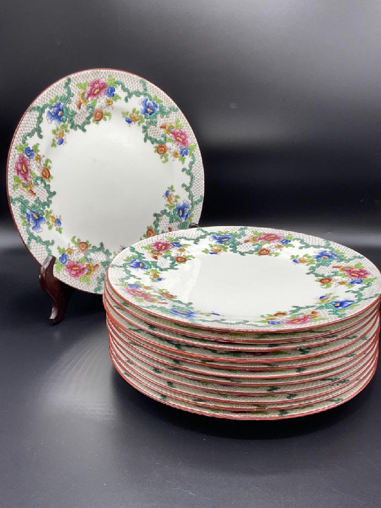 Set of Twelve, Cauldron Porcelain Dinner Plates: Set of twelve (12) Cauldron Porcelain Dinner Plates.Dimensions: 10 1/2" diameter. A mesh design with florals EnglandSome paint lost to edges very minor condition very good one small repair chips in ph