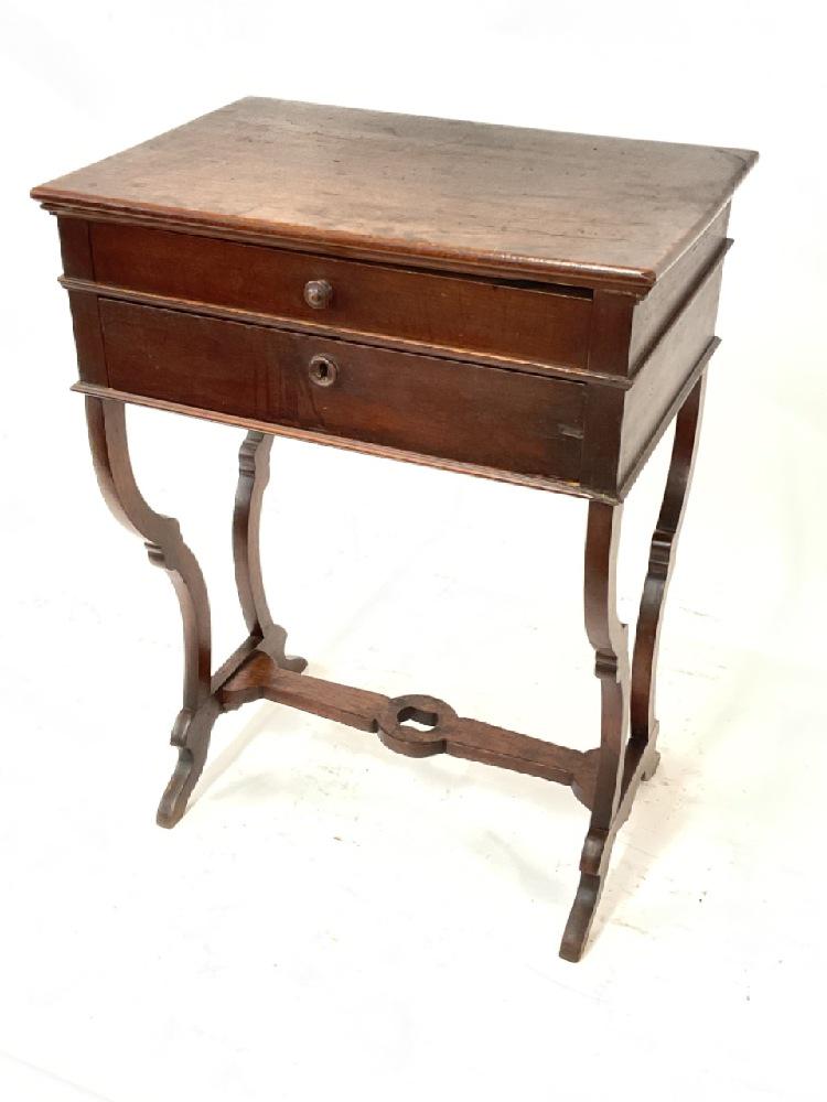 Antique 19th c. Sewing Stand/Table: Antique sewing table. Two drawers with spool or yarn compartments. Dimensions: 31” x 23” x 15 1/4”