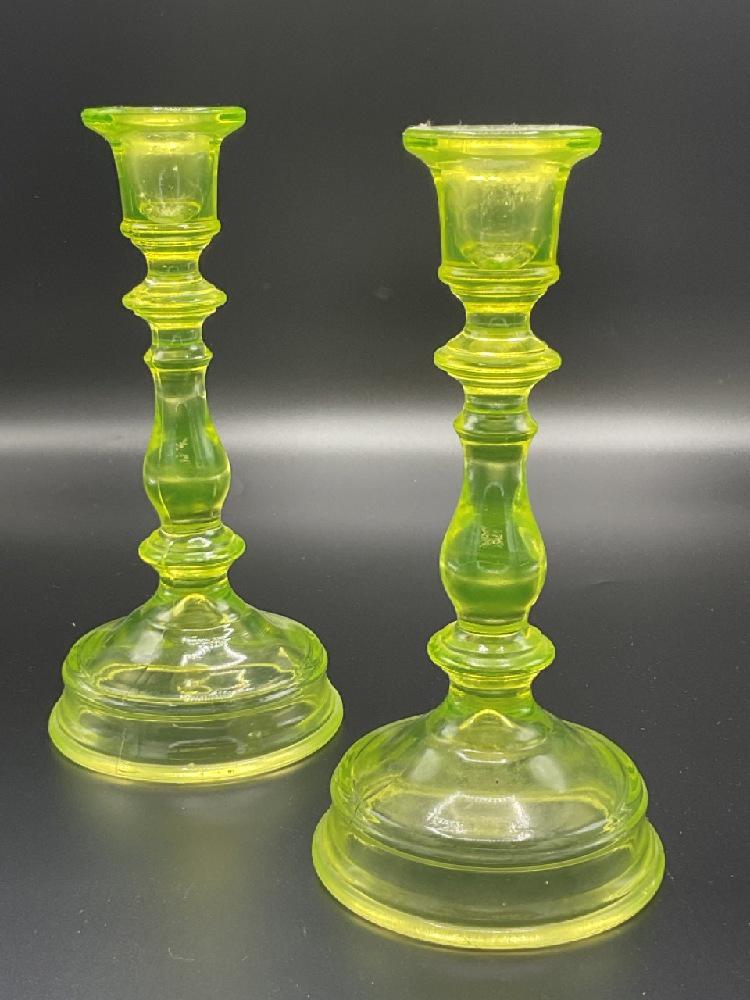A Pair, Vaseline Glass Candlesticks (1 of 3)