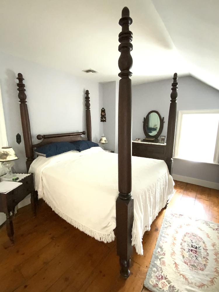 Antique Four Poster Mahogany Bed: An Antique Four Poster Mahogany Bed. Optional mattress and board included. Dimensions: 89” height and mattress is 60” x 77”