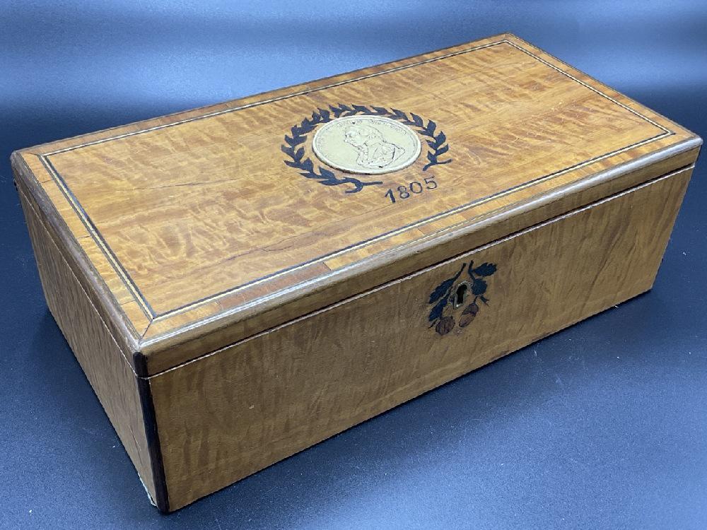 Admiral Lord Nelson Commemorative Marquetry Inlay Box: Admiral Lord Nelson commemorative wood box. Medallion at center with marquetry inlay decoration. Please note: Some veneer loss noted Dimensions: 12" X 6"