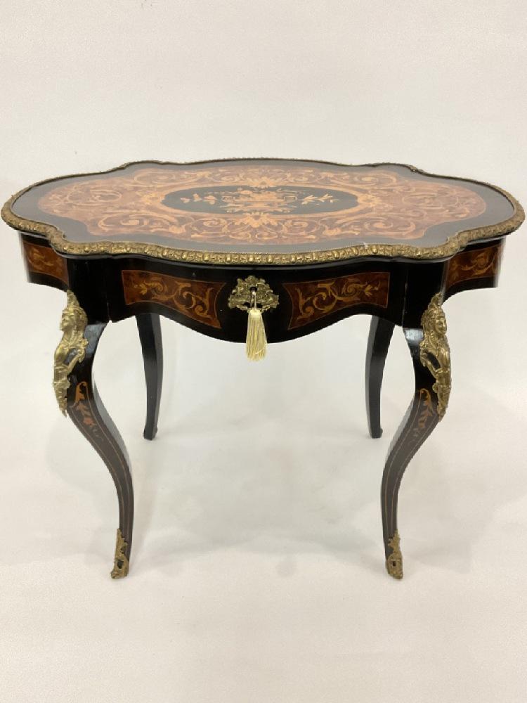 Louis XV Style Bronze Ormolu and Marquetry Inlay Table (1 of 11)