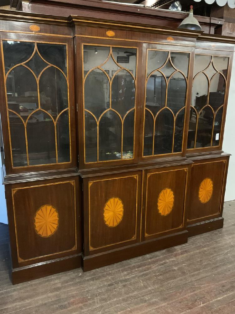 George III Mahogany Inlaid Breakfront Bookcase: George III mahogany marquetry inlaid breakfront bookcase. New shelves needed. Keys present. Very fine cabinetry. 18th century. Dimensions: 85"h X 92"L X 18"d