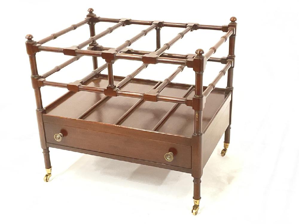 English Mahogany Canterbury: English mahogany canterbury magazine rack. Dimensions: 19" X 22" X 16"