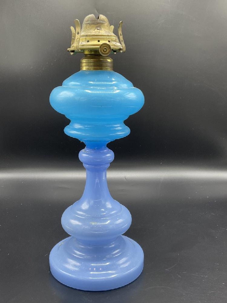 American Two Tone Blue Blown Glass Oil Lamp (1 of 5)