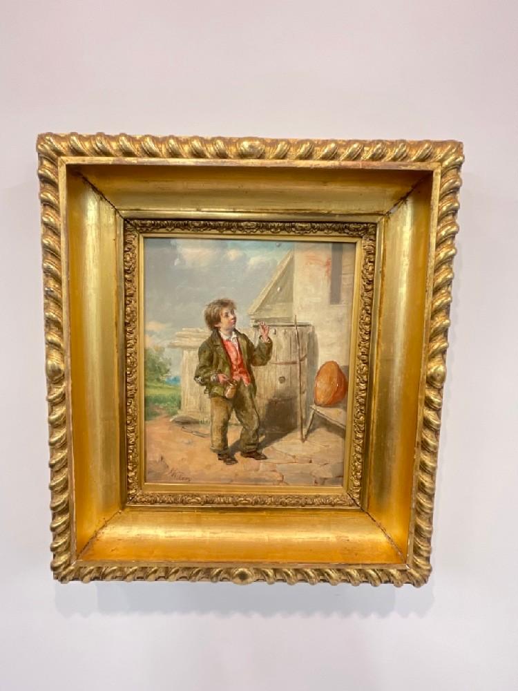 J. Vickery 19th c. English Boy Smoking a Pipe Oil Painting (1 of 5)