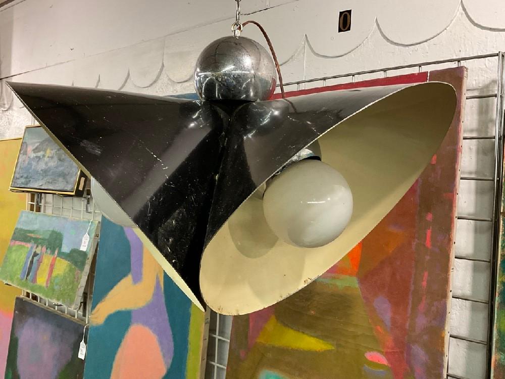 Vintage MCM Chrome Black White Three Part Hanging Light Fixture (1 of 7)