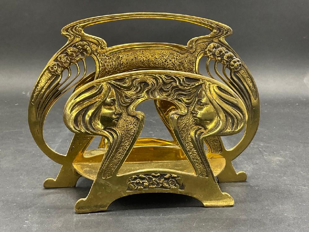 English Art Nouveau Brass Letter Holder: English Art Nouveau brass letter holder. Double sided. Dimensions: 6" X 7 1/2"