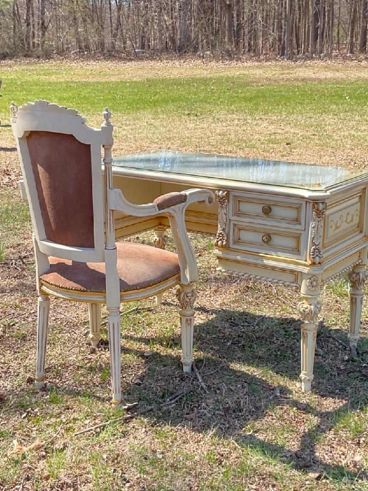 French Provincial Writing Desk: French Provincial Diminutive Lady's Writing Desk with chair. Fine condition. Very well made decorator's piece. Dimensions: 28"h X 41"L X 21"d and 40"h X 23" X 18" chair.