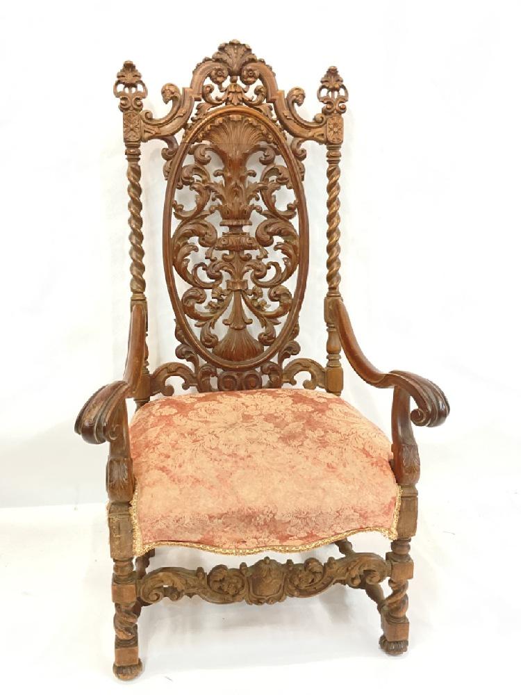 Oversized Carved Walnut Throne Chair (1 of 4)