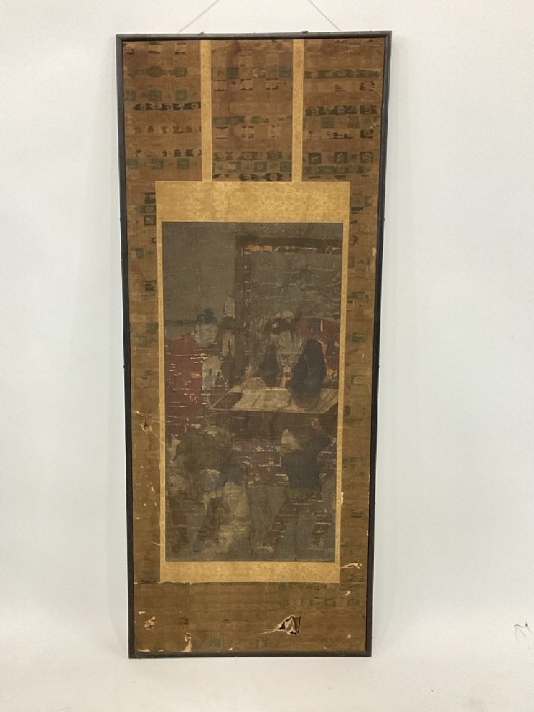Antique Chinese Scroll: Antique Chinese Scroll Dimensions: 61” x 25” Please note paper is extremely frail due to dry air heat elements very poor condition.