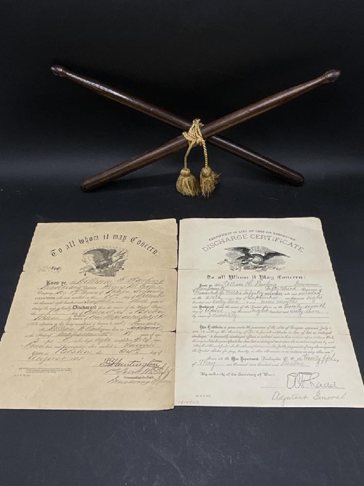 Civil War Discharge Certificate and  Soldier's Drum Sticks (1 of 4)