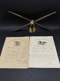 Civil War Discharge Certificate and Soldier's Drum Sticks: William Darling c.1865 Civil War Discharge Certificate accompanied with his war time used drum sticks. The drumsticks have his name embossed. The original certificate and a copy are included with this