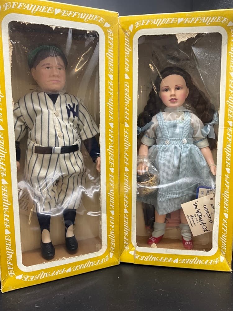 Effanbee Babe Ruth #7651 and Effanbee Judy Garland “Dorothy “ #1984 Dolls: Effanbee Babe Ruth and Effanbee Judy Garland Dolls. Both in the Original Boxes. Good Condition,Please See Preview Photographs.Babe Ruth 15”H, Judy Garland 14 1/2”H