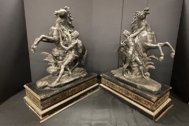 Aft. Guillaume Cousteau 19th c. Bronze Marley Horses: Aft. Guillaume CousteauA Pair of c.1880's Bronze Marley Horses mounted to wooden base with bronze trim. Wood base needs repair. Bronze patina even and overall good. Surface dust present. Dimensions: 3