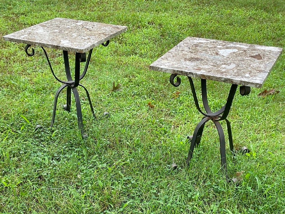 Marble top wrought iron pair of tables: A Pair, marble top wrought iron and marble top tables. Dimensions: 22”h x 18”