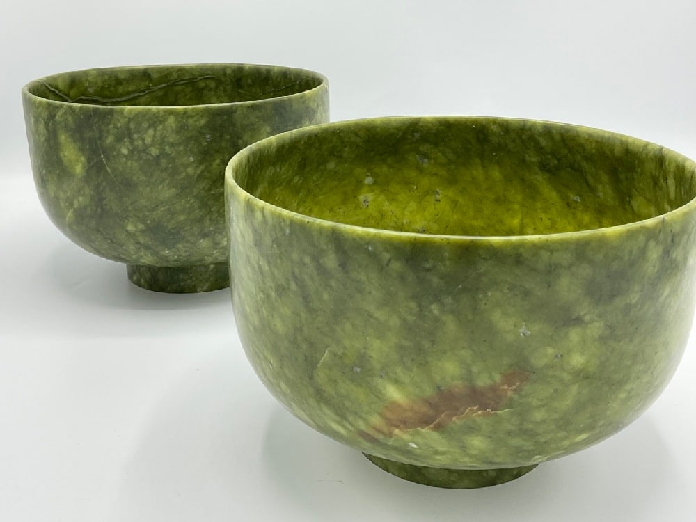 Two (2) Chinese Jade Bowls: Two (2) Jade bowls. Dimensions: 5 1/2" X 8"