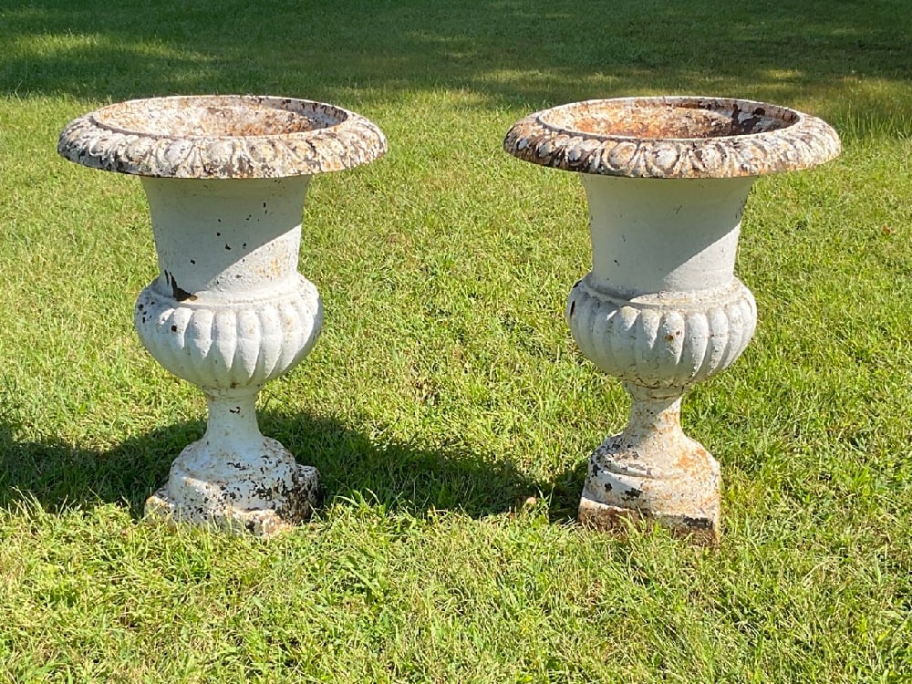 A Pair, Cast Iron Painted White Urn Form Planters (1 of 4)