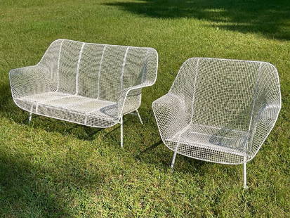 Russell Woodard Sculptura Sofa and Chair Set: Russell Woodard Sculptura Sofa and Arm Chair. Dimensions: 28" h X 48 1/2" L and 27 1/2" d (chair). 28 1/2" X 32" X 26"