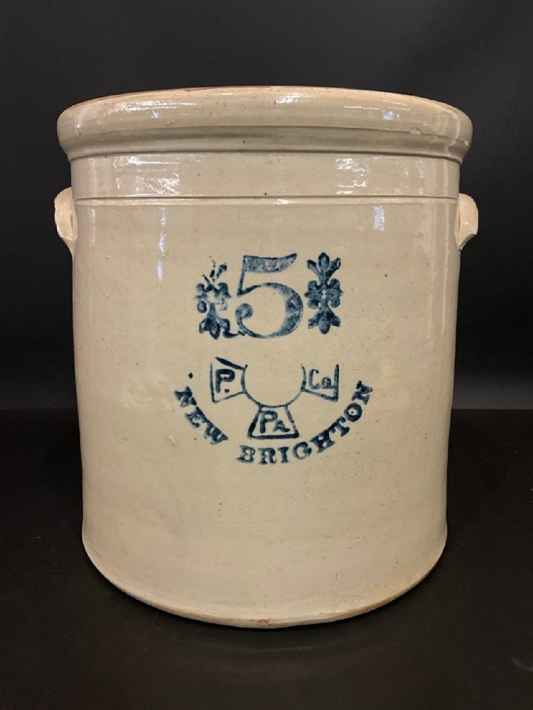 5 Gallon New Brighton P. CO, PA: 5 Gallon New Brighton P. CO, PA Stoneware Crock with cobalt blue. Good Condition, Please See Preview Photographs Dimensions: 13” H x 14”D