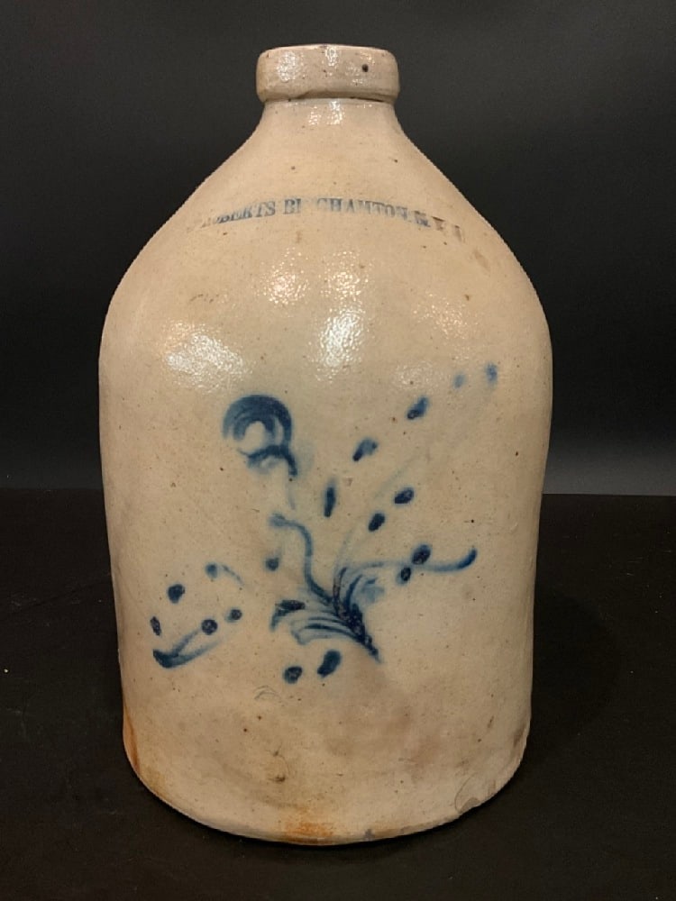 W. Roberts Binghamton, NY Whimsical Cobalt Decorated Stoneware Jug: W. Roberts Binghamton, NY Whimsical Jug with Cobalt blue decoration. Good Condition, Please See Preview Photographs Dimensions: 11” H x 8” D