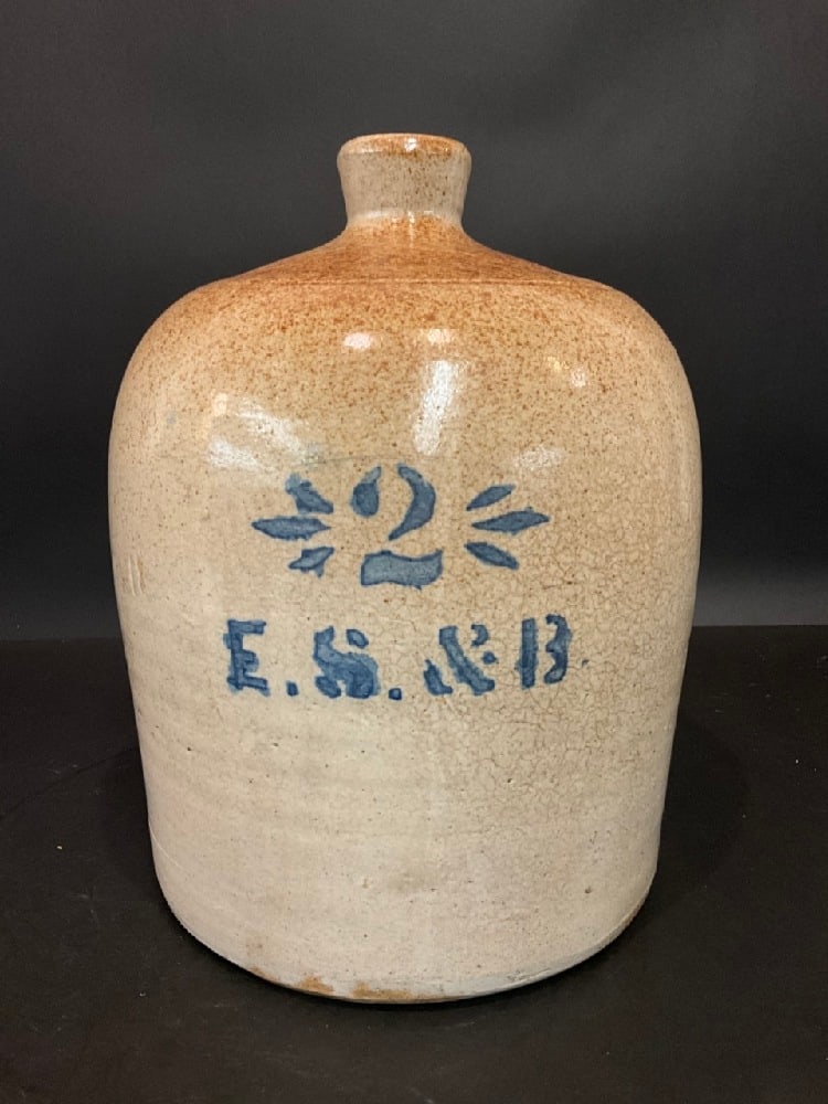 E.S & B. 2 Gallon Jug: E.S & B. 2 GallonStoneware Jug with Cobalt Blue. Good Condition, Please See Preview Photographs Dimensions: 11 1/2” H x 9 1/2” D