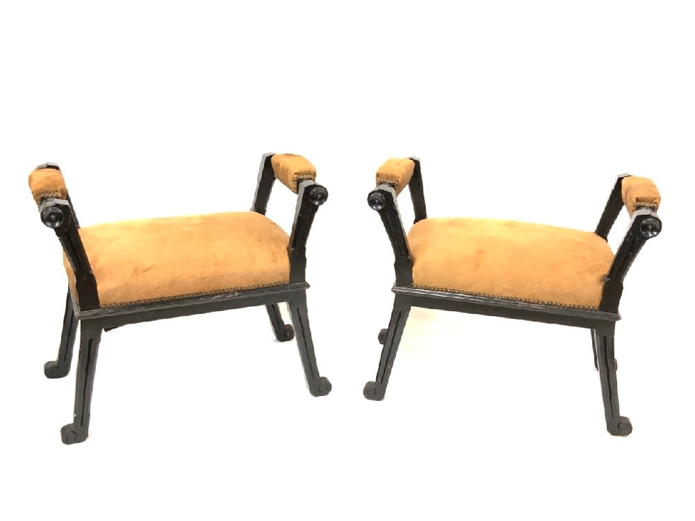 Victorian Upholstered Pony Hair Seats: Two (2) Victorian upholstered seats with pony hair upholstered seating. Dimensions: 24 1/2” x 27 1/2” x 15” d