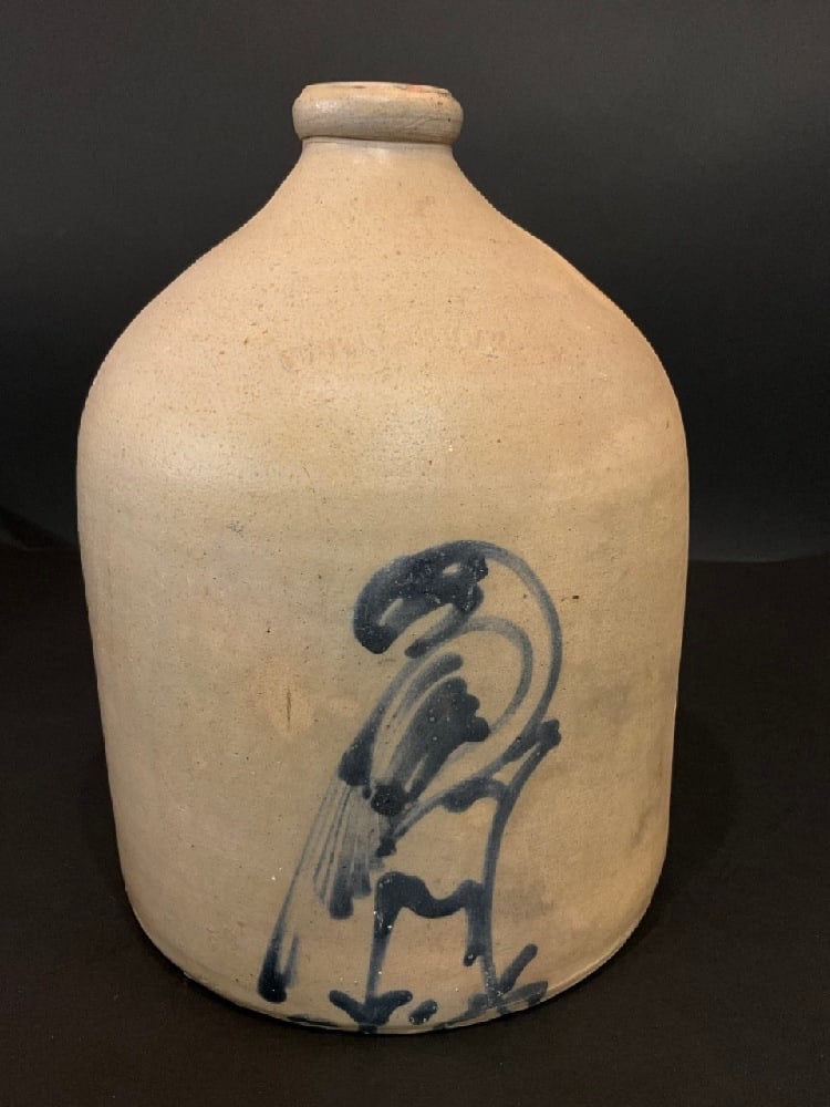 Whites of Utica, NY Stoneware Jug with Cobalt Blue Decorated Parrot (1 of 9)
