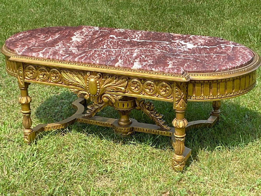 Hollywood Regency Sierra Red Italian Marble Top Gilt Wood Table (1 of 4)