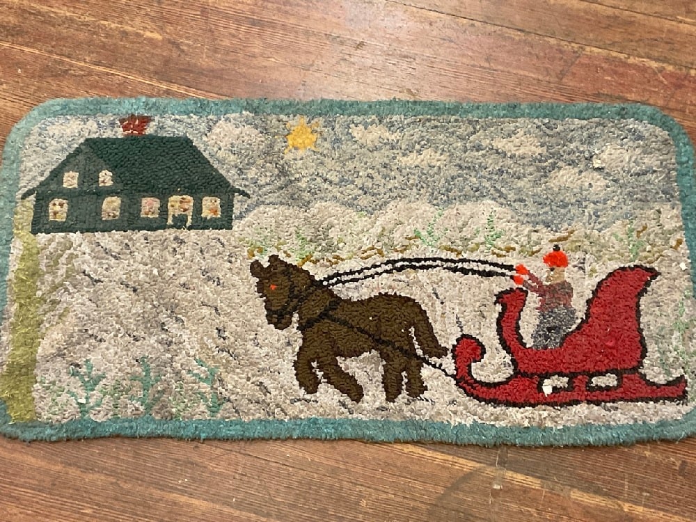 Vintage Country Hook Rug Winter Sledding to House (1 of 5)