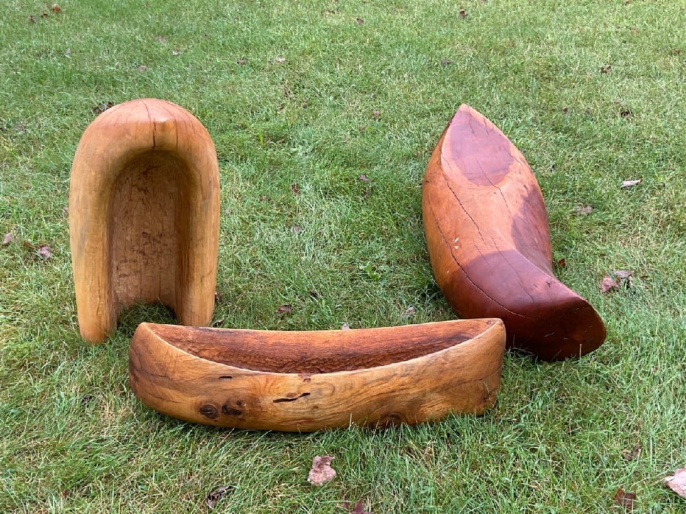 Carved Wood Art Fish and Canoe Sculptures: Carved Wood Art Fish and Canoe Sculptures. Dimensions: 11” x 32” x 11” 32” x 15” x 17” 45” x 12” x 15”