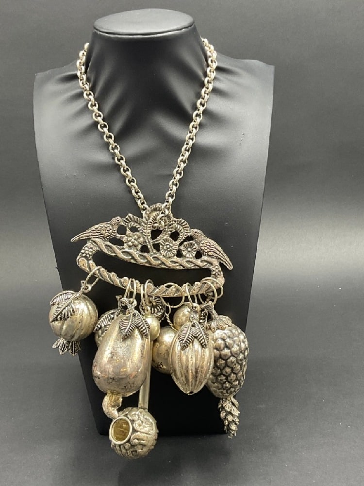 Afro Brazilian Balangandan: An Afro-Brazlilian Balangandan. Silver plated chain and chatelaine style charms. Dimensions: 5 1/2” x 6 1/2” and a 12 inch drop