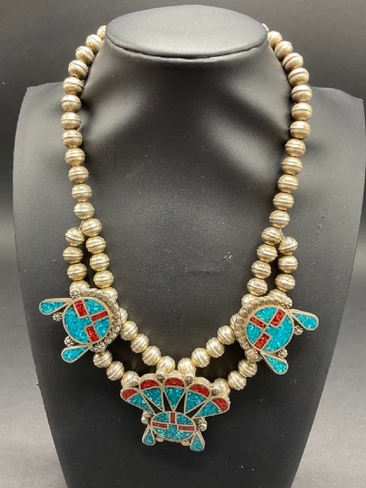 Heavy Indian Silver Turquoise and Coral Necklace (1 of 5)
